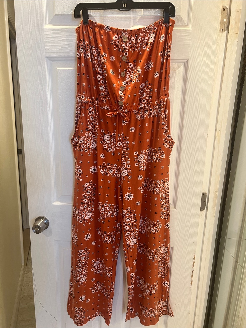 No Boundaries Orange Floral Strapless Jumpsuit with Pockets
